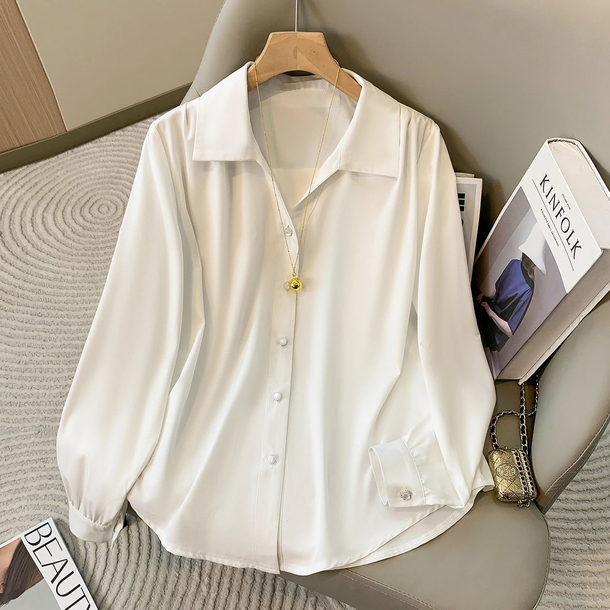 White Long Sleeve Polo Collar Shirt for Women Plus Size Spring Autumn Fashionable Base Layer Blouse French Style Premium Feeling