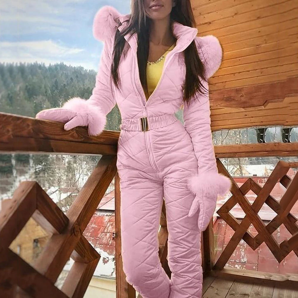 Plus Size Winter Snowboard Jumpsuit Winter Outdoor Women's Hooded Windproof Waterproof Ski Suit for Snowboarding Hiking Ski