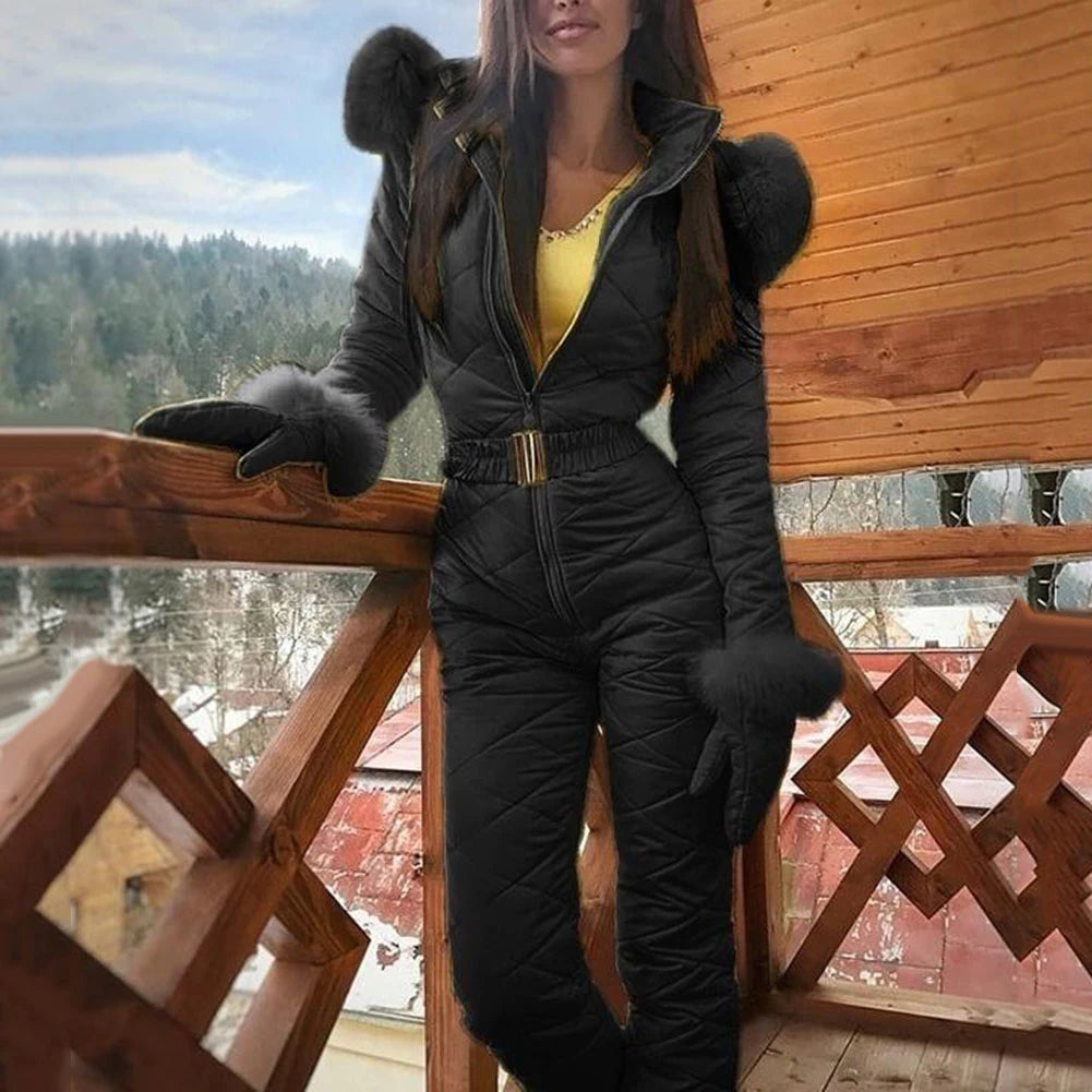 Plus Size Winter Snowboard Jumpsuit Winter Outdoor Women's Hooded Windproof Waterproof Ski Suit for Snowboarding Hiking Ski