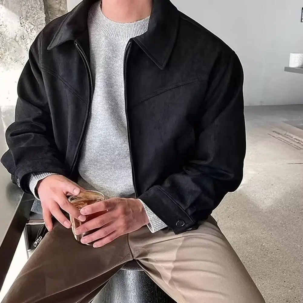 Men Zip-up Jacket Stylish Men's Lapel Jacket with Zipper Closure Side Pockets Solid Color Outwear for Short Style Long Sleeve