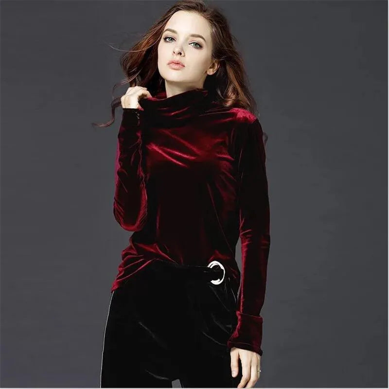 French Turtleneck Bottoming Tops Autumn Long Sleeves Velvet Basic T-Shirts Fashion Lady Office Elegant Solid Large Size Shirts