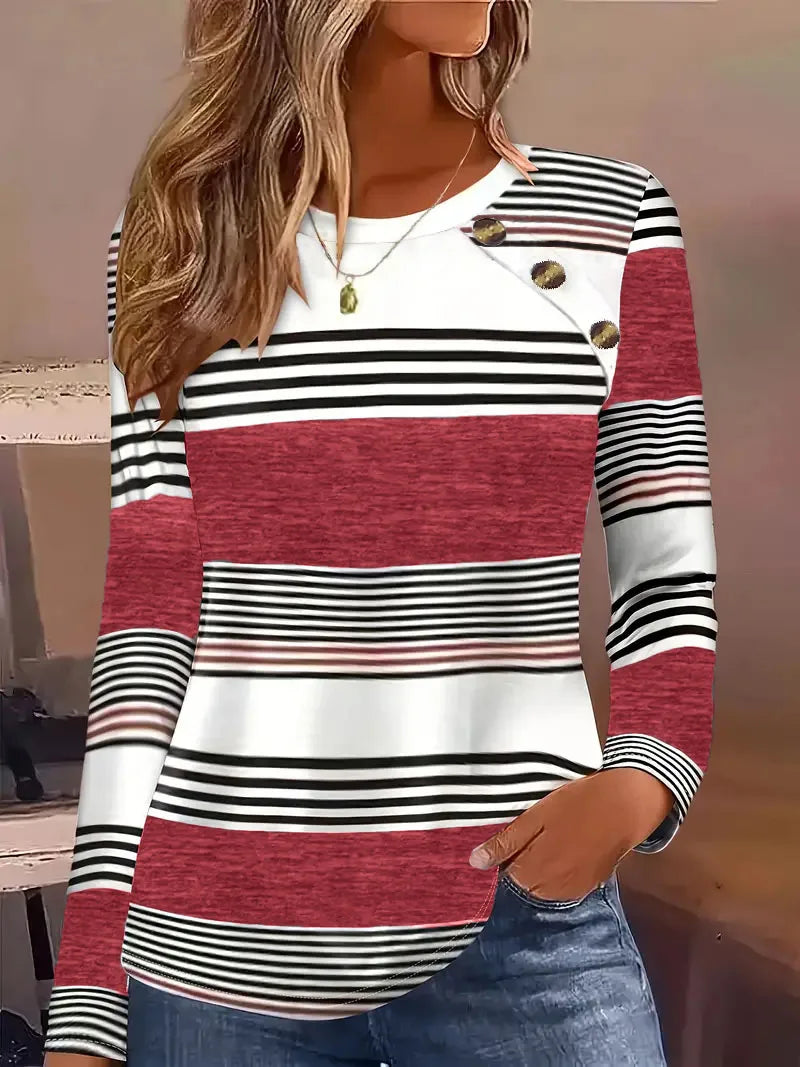 Elegant and casual button-front striped women's T-shirt, long-sleeved T-shirt with gray and white horizontal stripes, round-neck