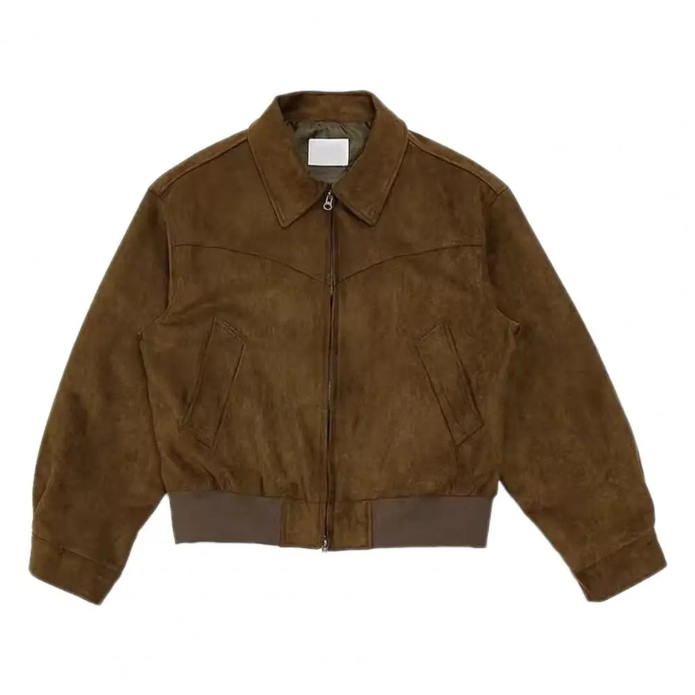 Men Zip-up Jacket Stylish Men's Lapel Jacket with Zipper Closure Side Pockets Solid Color Outwear for Short Style Long Sleeve