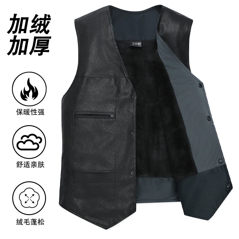 Popular Middle-aged and Elderly Men's Fur Vest Autumn Winter Warm Fashionable Men's Jacket Multi Pocket Sleeveless Leather Vest