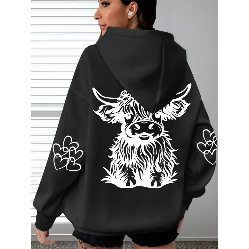 Spring and Autumn Women's Hoodie with Highland Cow Print and Claw Heart Design, Large Comfortable and Soft Long Sleeve Hoodie