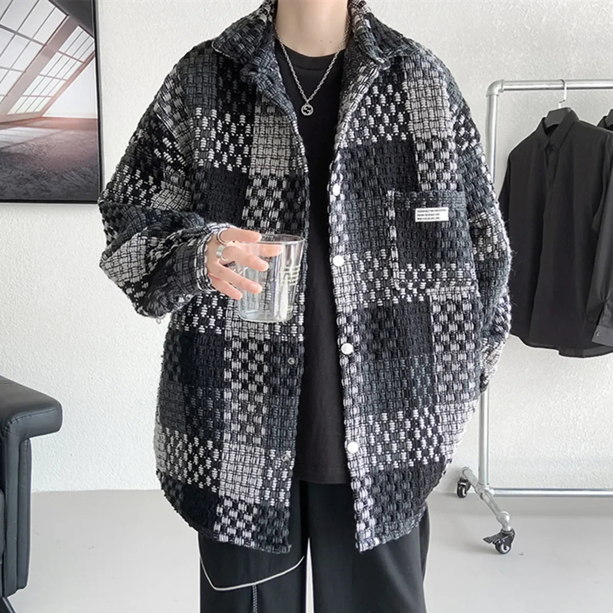 Fashion Loose Spell Color Grid Single Breasted Lapel Jacket, Men's Spring and Autumn New Casual Handsome Jacket with Pockets