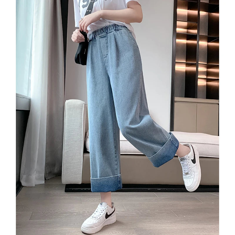 Casual Mom Baggy Jeans For Woman Autumn Loose Plus Size Wide Leg Jeans Straight Elastic High Waisted Denim Pants Women Slacks