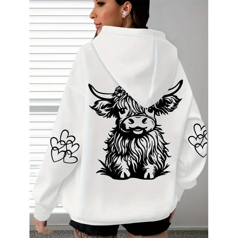 Spring and Autumn Women's Hoodie with Highland Cow Print and Claw Heart Design, Large Comfortable and Soft Long Sleeve Hoodie