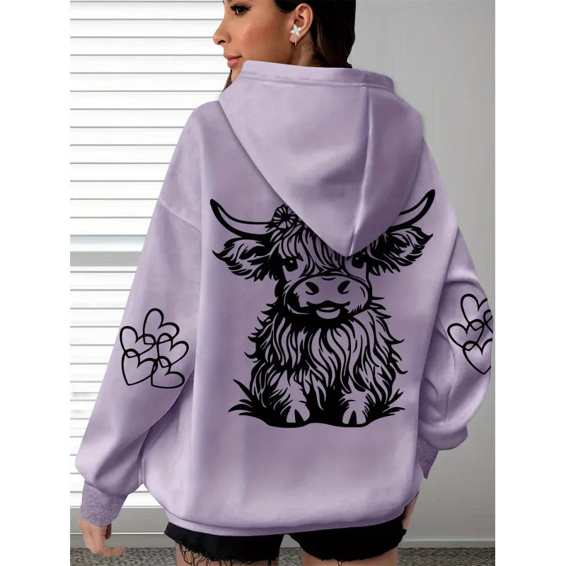 Spring and Autumn Women's Hoodie with Highland Cow Print and Claw Heart Design, Large Comfortable and Soft Long Sleeve Hoodie