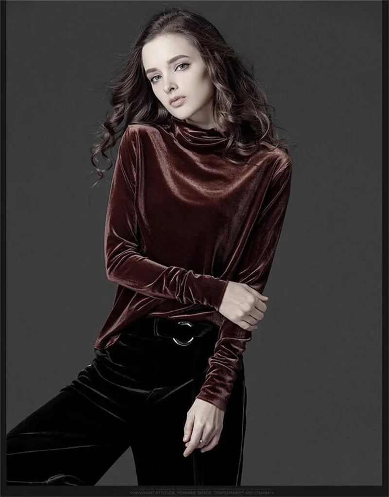 French Turtleneck Bottoming Tops Autumn Long Sleeves Velvet Basic T-Shirts Fashion Lady Office Elegant Solid Large Size Shirts