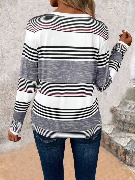 Elegant and casual button-front striped women's T-shirt, long-sleeved T-shirt with gray and white horizontal stripes, round-neck