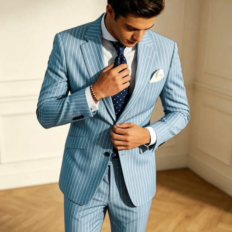 Men's Classic Stripe Suits 2 Piece ( Blazer+Pants ) Notch Lapel 2 Buttons Slim Fit Jacket & Trousers for Business Casual Wedding