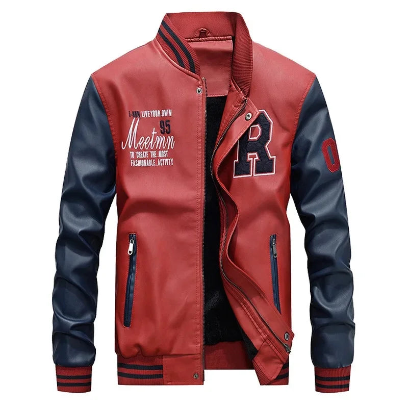 Spring Autumn New Men's Baseball Jacket Fleece Lined PU Leather Biker Coat Casual Loose Fit Fashionable Youth Outerwear