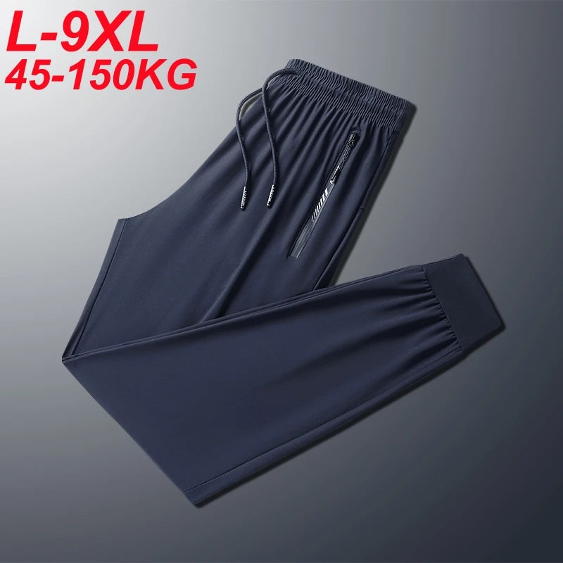 Big Size 9xl 8xl Men's Summer Pantsice Silk Elastic Waist Straight Leg Quick Dry Plus Stretch 6xl 7xl Work Outdoor Trouser Male