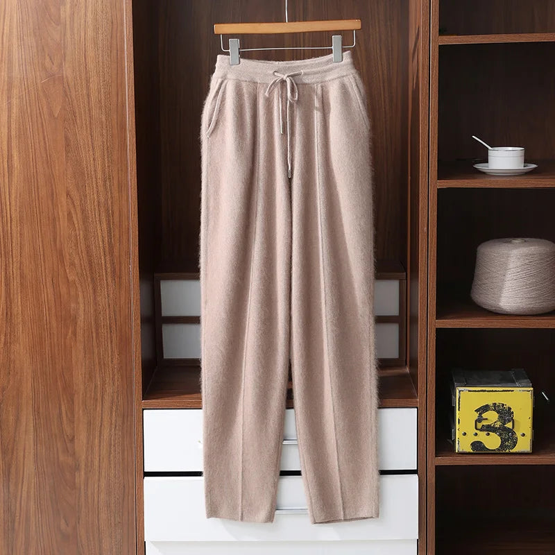 Autumn Winter 100% Mink Cashmere Men's  Pants Thickened Knitted Long Pants Slim Fitting Solid Color Warm Flat Corner Pants