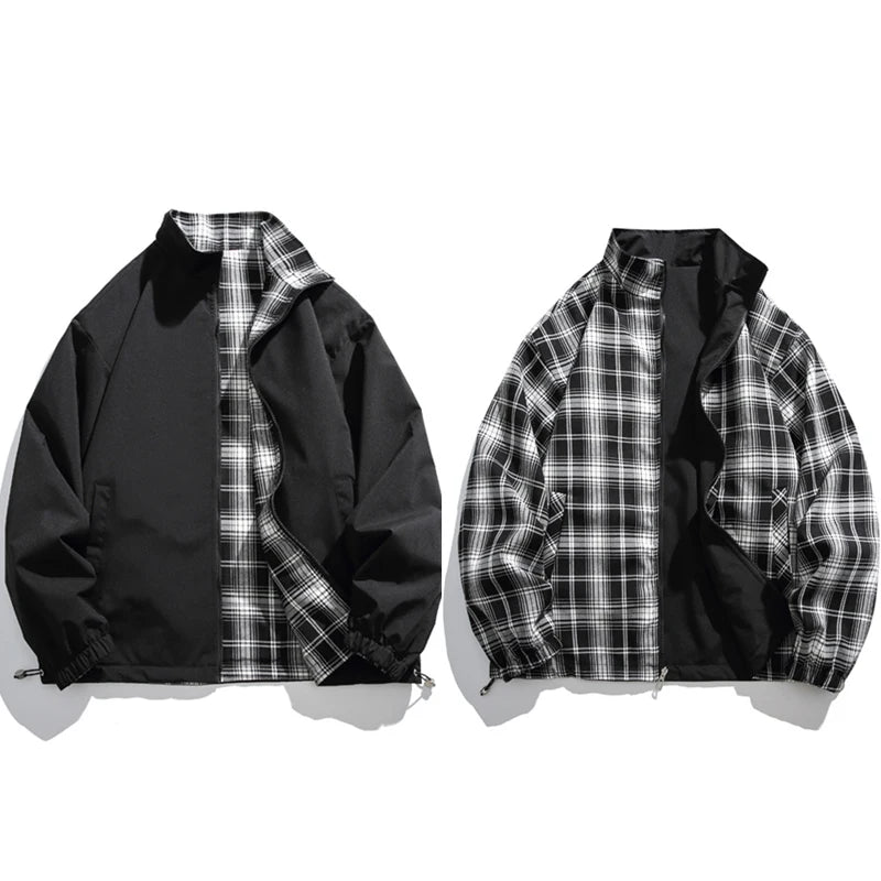 Una Reta Harajuku Jacket Men Autumn New Hip hop Double Sided Wear Coat Streetwear Casual Plaid Loose Jackets Man