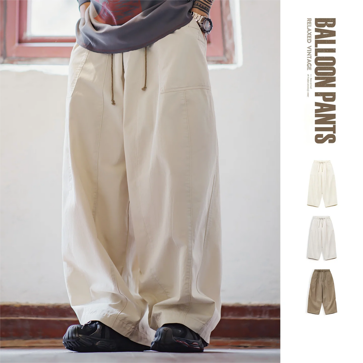 Maden Men‘s Vintage Harem Pants 100% Cotton Khaki Casual Drawstring Trousers Loose Fit Elastic Waist Pants for Spring/Autumn