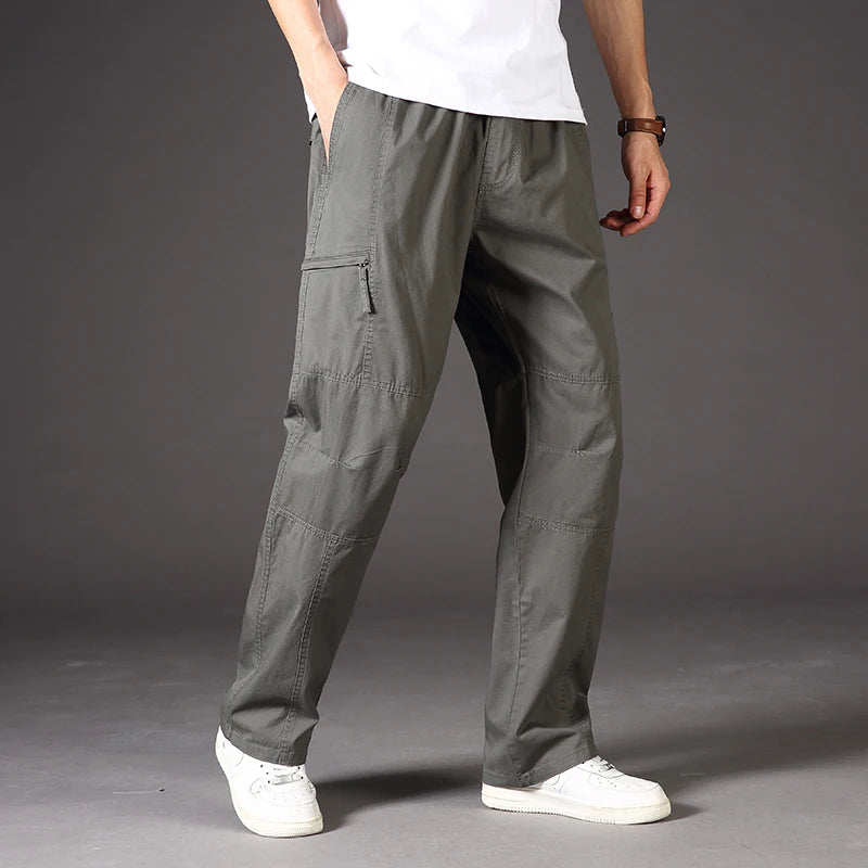 Classic Man Casual Cargo Pants Zipper Pockets Big and Tall Sports Outdoor Outfits Khaki Grey Men's Trousers