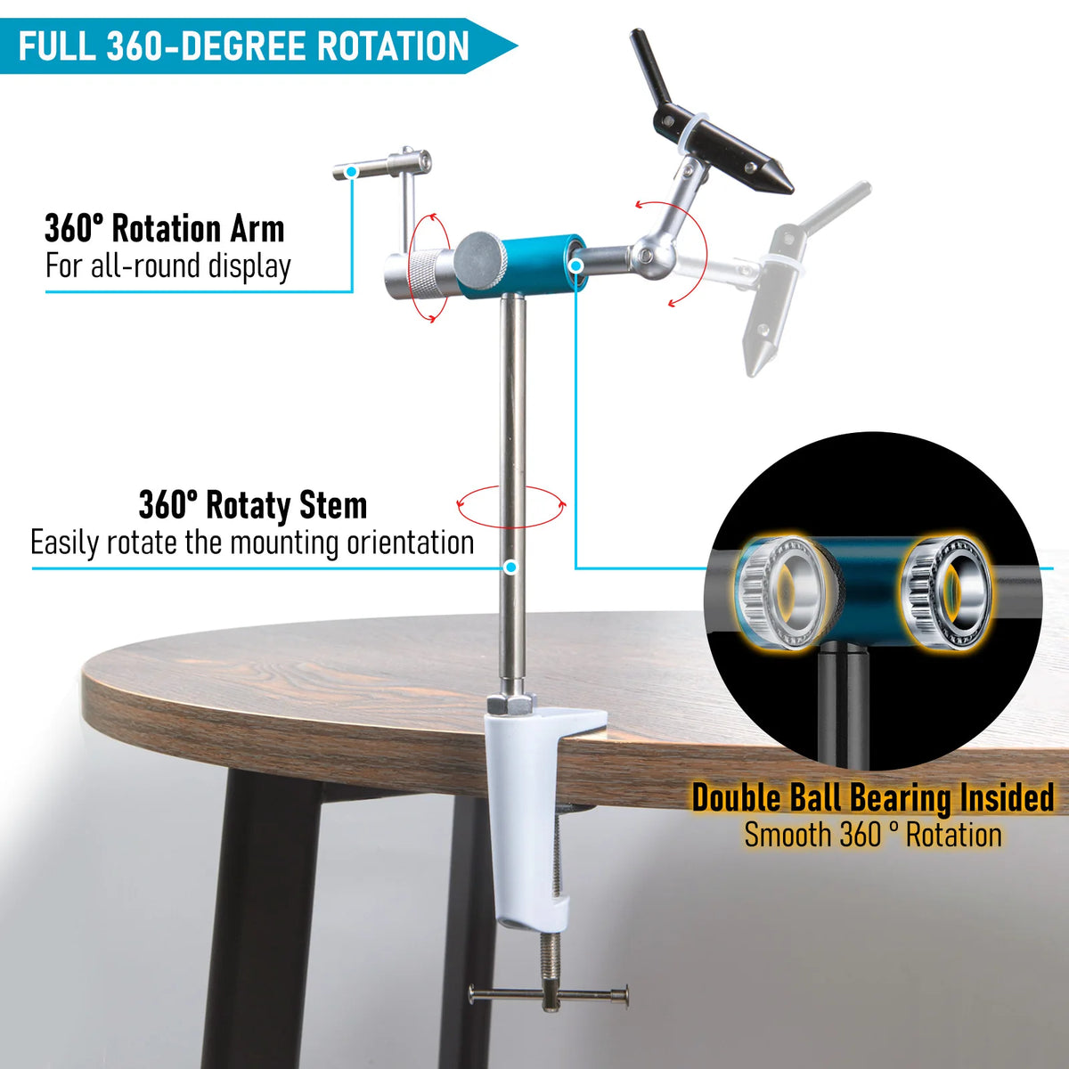 Fly Tying Vise Rotary 360 Degree Fly Tying Base Portable Stainless Steel Aluminum C-Clamp Mount 40Cr Hard Jaws for Fishing Flies