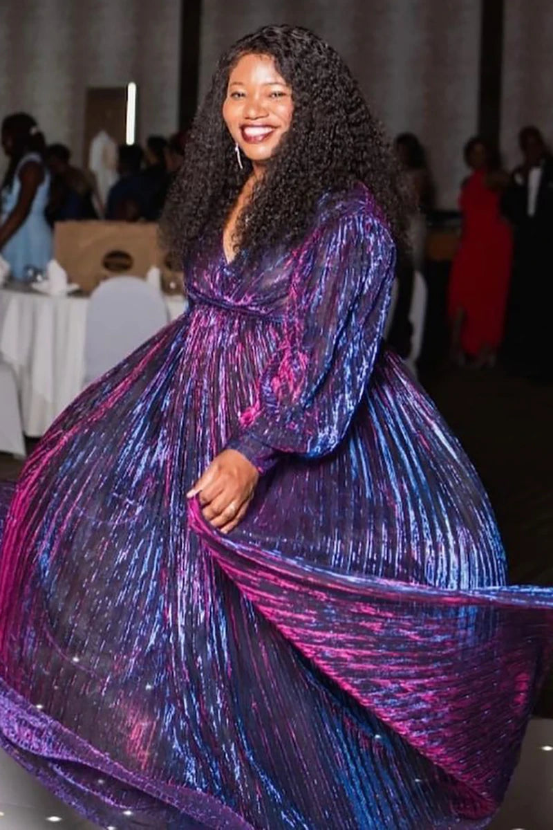 Plus Size Formal Multicolor Pleated V Neck Long Sleeves Maxi Dress