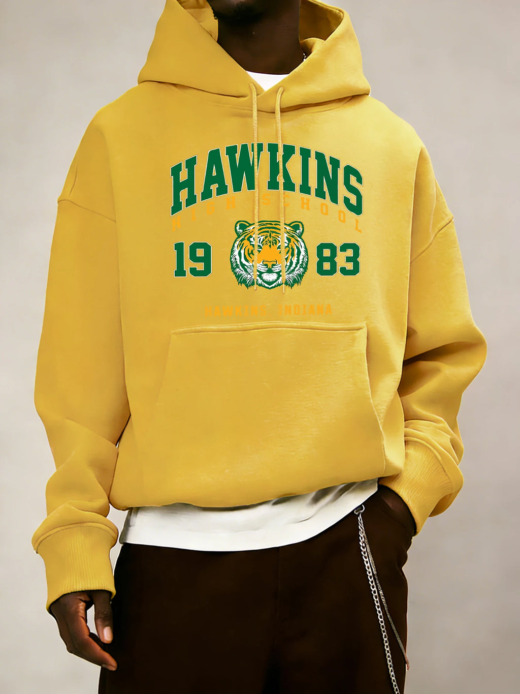 Hawkins High School 1983 Prints Men Hoodie Autumn Pocket Sportswear Loose Fleece Pullover 14 Colour Unisex Simple Long Sleeve