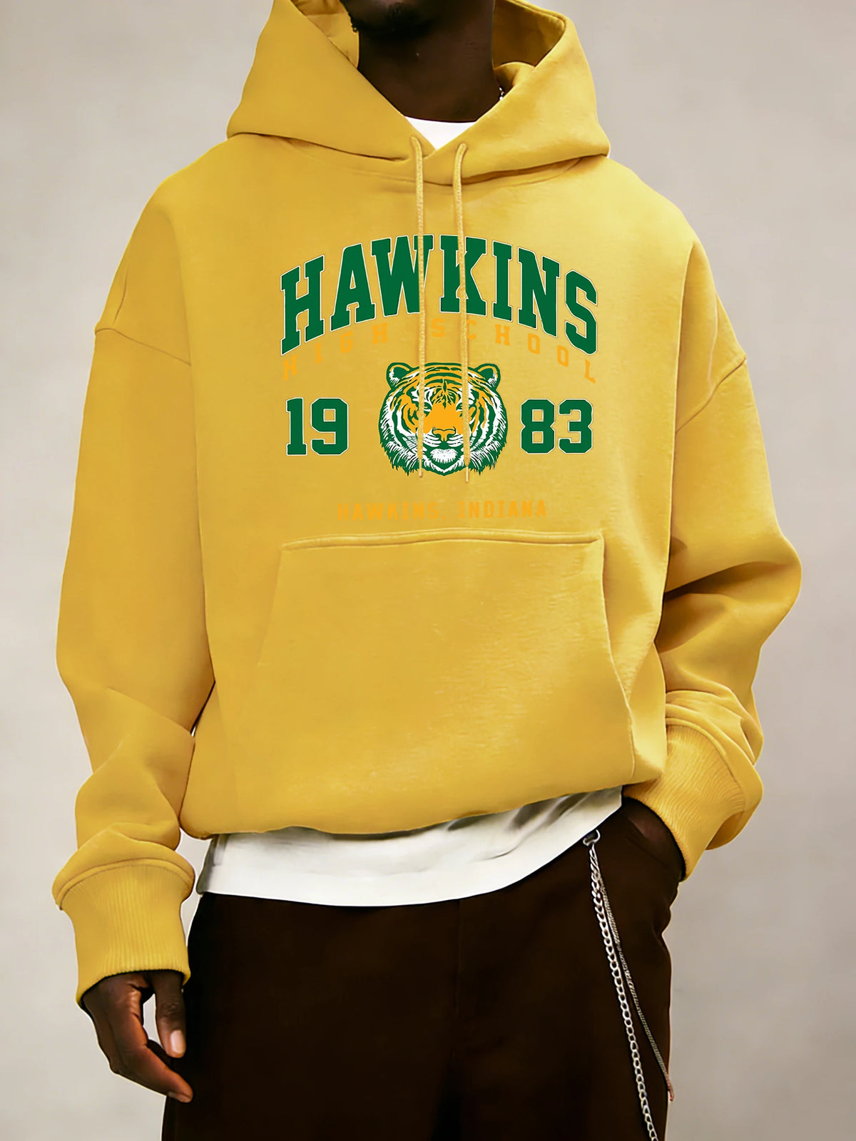Hawkins High School 1983 Prints Men Hoodie Autumn Pocket Sportswear Loose Fleece Pullover 14 Colour Unisex Simple Long Sleeve