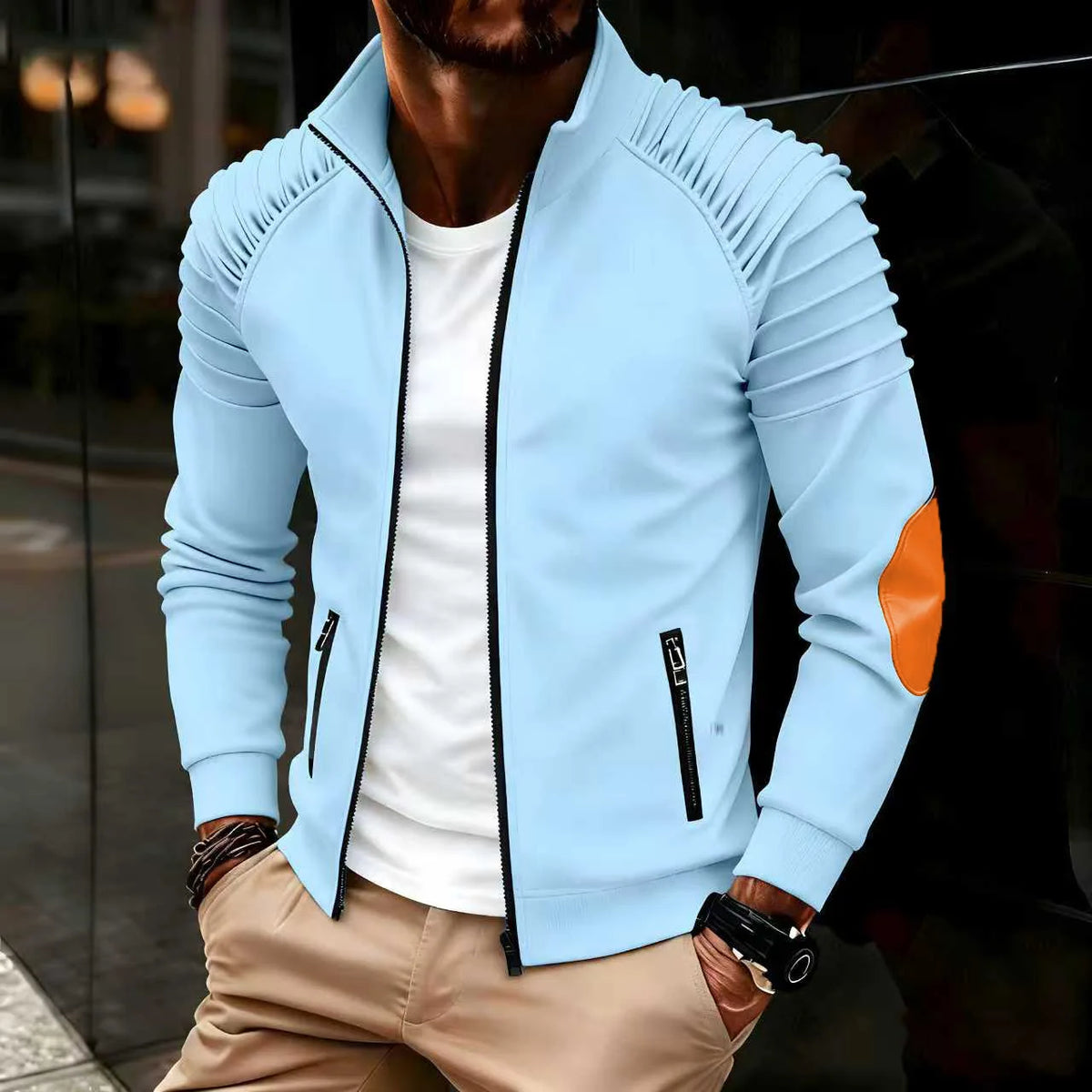 Spring / Autumn New Sports Casual Men Jacket Men's Stand Pleats Slim Stripe Fit Jacket Zipper Long Sleeve Coat Cardigan Coat Men
