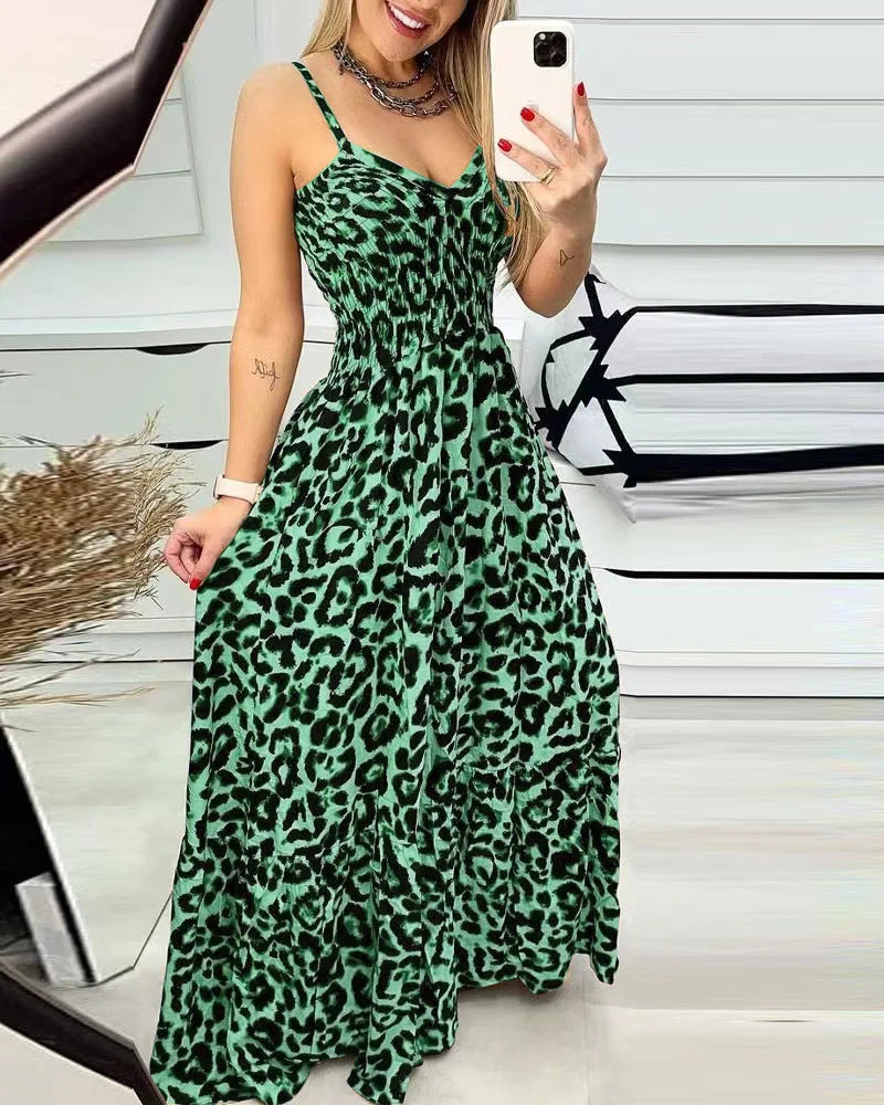 Summer new leopard print camisole V-neck dress high waisted skirt sexy temperament  long skirt women's clothing plus size