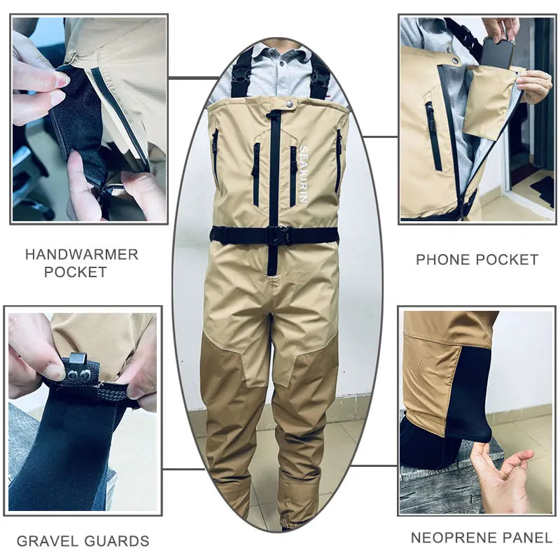 Zip-front Breathable Stout Chest Fishing Waders Waterproof Zippered Big and Tall Stockingfoot Wading Pants for Men,Welding Seam