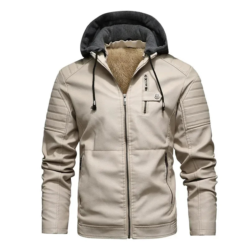 Casual Fashion Leather Jacket White Motorcycle Jackets Men Autumn Fleece Liner Pu Leather Coats Male Hood Winter Male Clothing