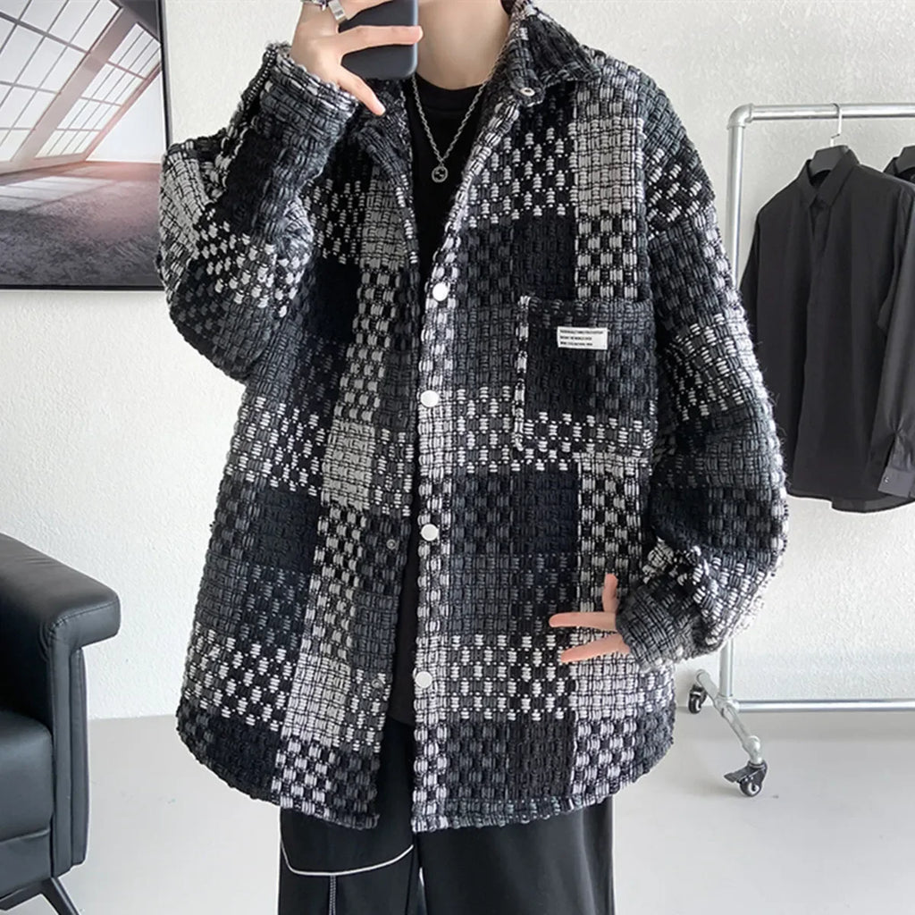 Fashion Loose Spell Color Grid Single Breasted Lapel Jacket, Men's Spring and Autumn New Casual Handsome Jacket with Pockets
