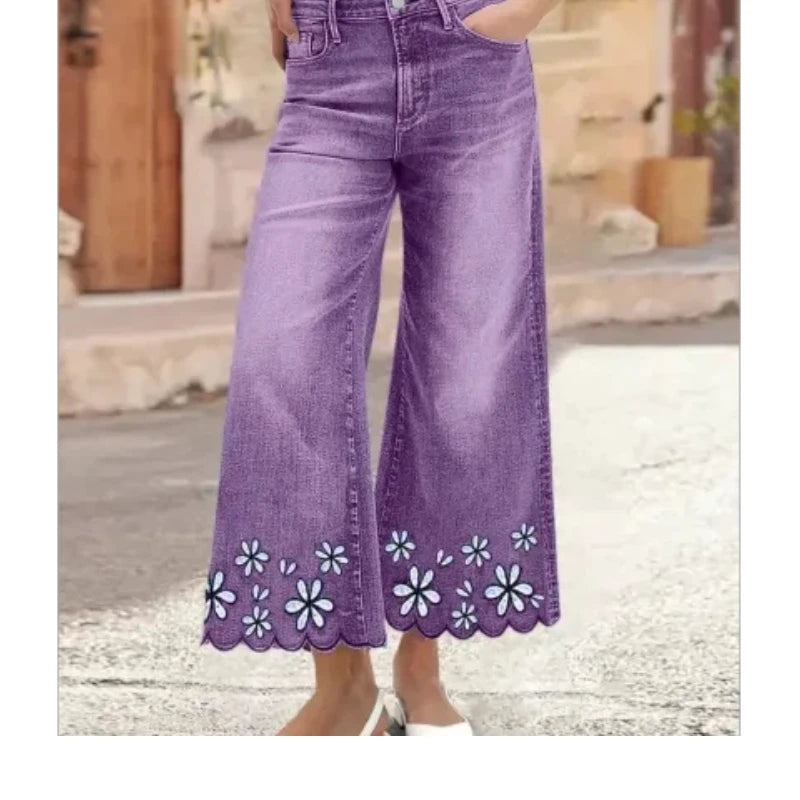 Plus Size Womens Loose Fit Jeans Printed Denim Pants Elastic Waist Comfort Stretch Trousers Floral Embroidery Women's Pants