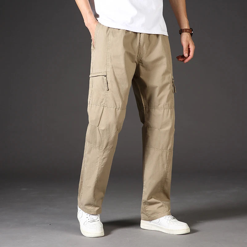 Classic Man Casual Cargo Pants Zipper Pockets Big and Tall Sports Outdoor Outfits Khaki Grey Men's Trousers