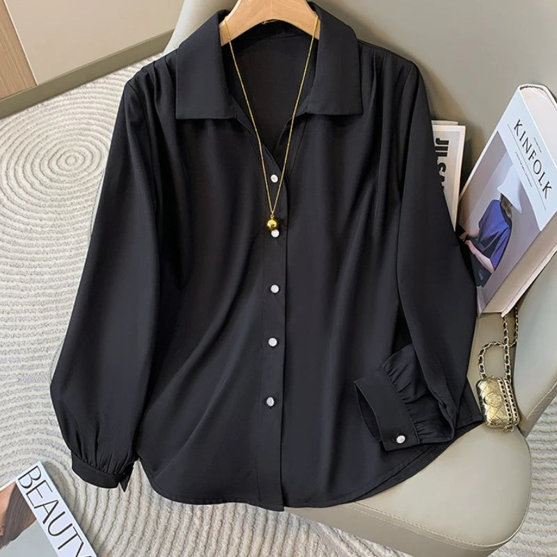 White Long Sleeve Polo Collar Shirt for Women Plus Size Spring Autumn Fashionable Base Layer Blouse French Style Premium Feeling