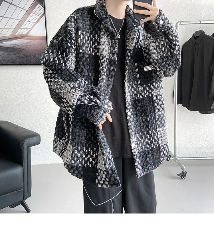 Fashion Loose Spell Color Grid Single Breasted Lapel Jacket, Men's Spring and Autumn New Casual Handsome Jacket with Pockets