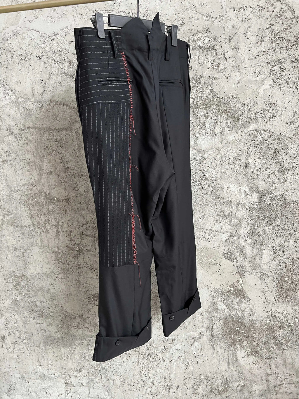TOP-YAMAMOTO striped casual patchwork design trousers, straight-leg long pants, with buttoned-up adjustable rolled-up legs