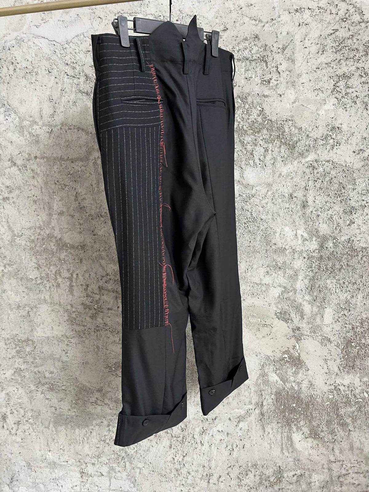 TOP-YAMAMOTO striped casual patchwork design trousers, straight-leg long pants, with buttoned-up adjustable rolled-up legs