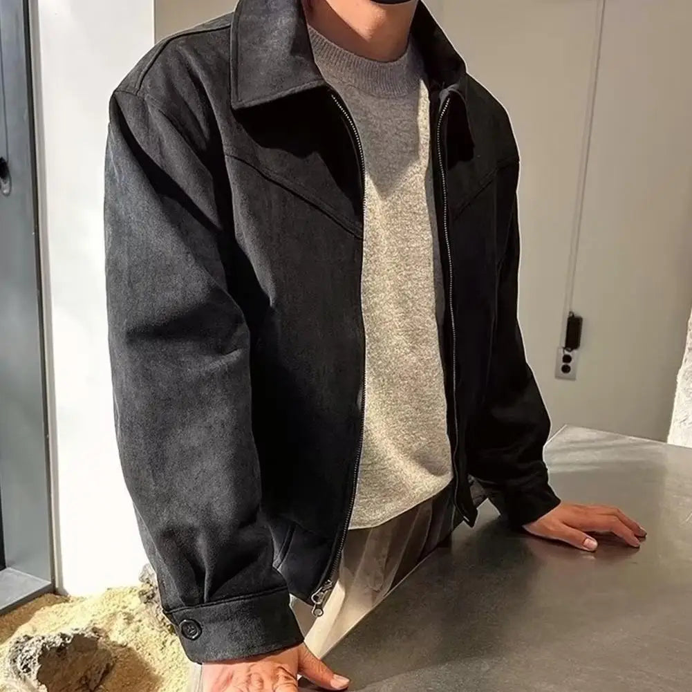 Men Zip-up Jacket Stylish Men's Lapel Jacket with Zipper Closure Side Pockets Solid Color Outwear for Short Style Long Sleeve