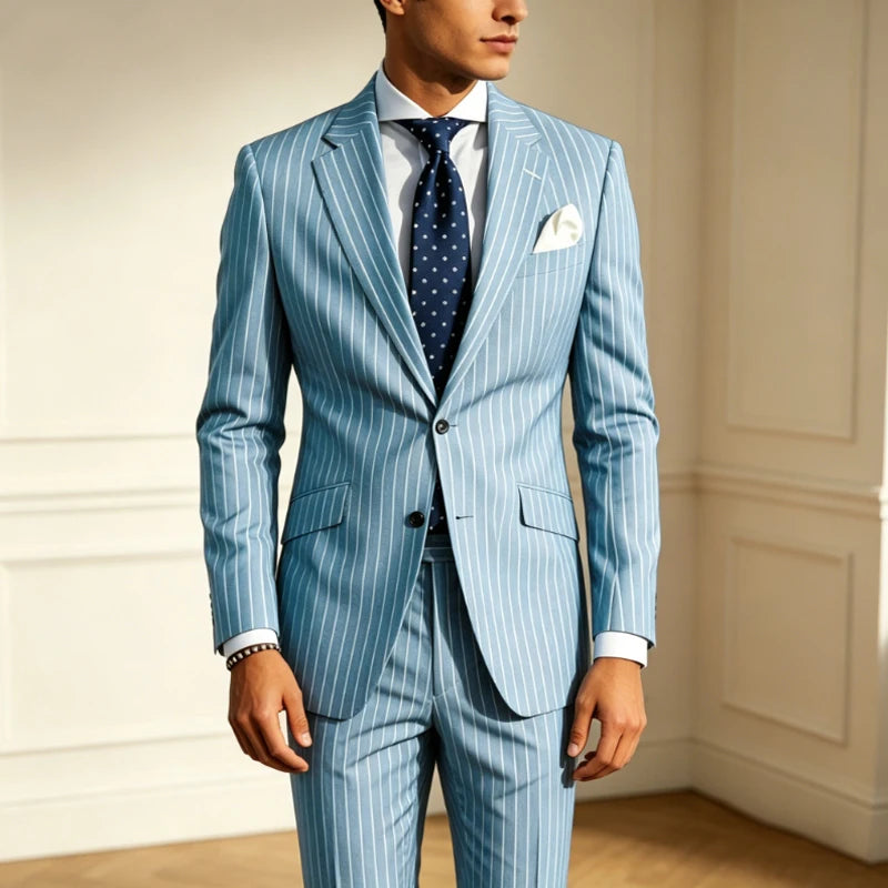 Men's Classic Stripe Suits 2 Piece ( Blazer+Pants ) Notch Lapel 2 Buttons Slim Fit Jacket & Trousers for Business Casual Wedding