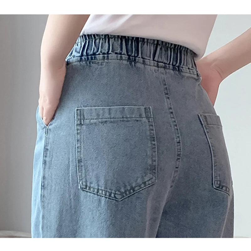 Casual Mom Baggy Jeans For Woman Autumn Loose Plus Size Wide Leg Jeans Straight Elastic High Waisted Denim Pants Women Slacks