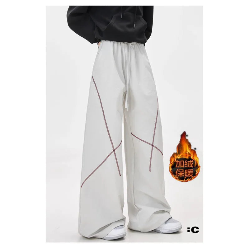 American High Street Thickened Fleece Lined Straight Leg Sporty Casual Pants Autumn Winter Unisex Wide Leg Pants
