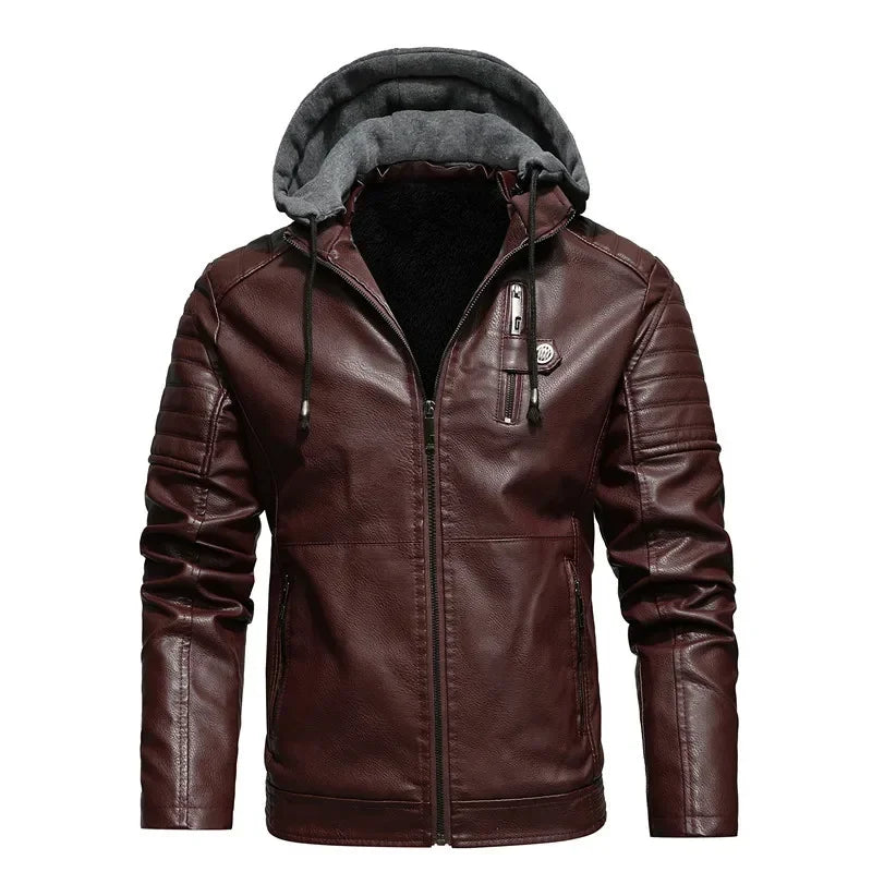 Casual Fashion Leather Jacket White Motorcycle Jackets Men Autumn Fleece Liner Pu Leather Coats Male Hood Winter Male Clothing