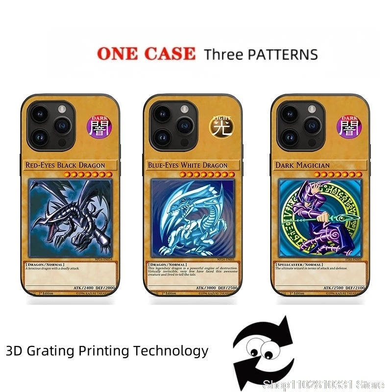 3D Grating Card White Dragon Monsters Phone Case for iPhone 16 15 14 13 11 12 17 Pro Max Plus Mini 16E Duel Game Yu Gi Cover