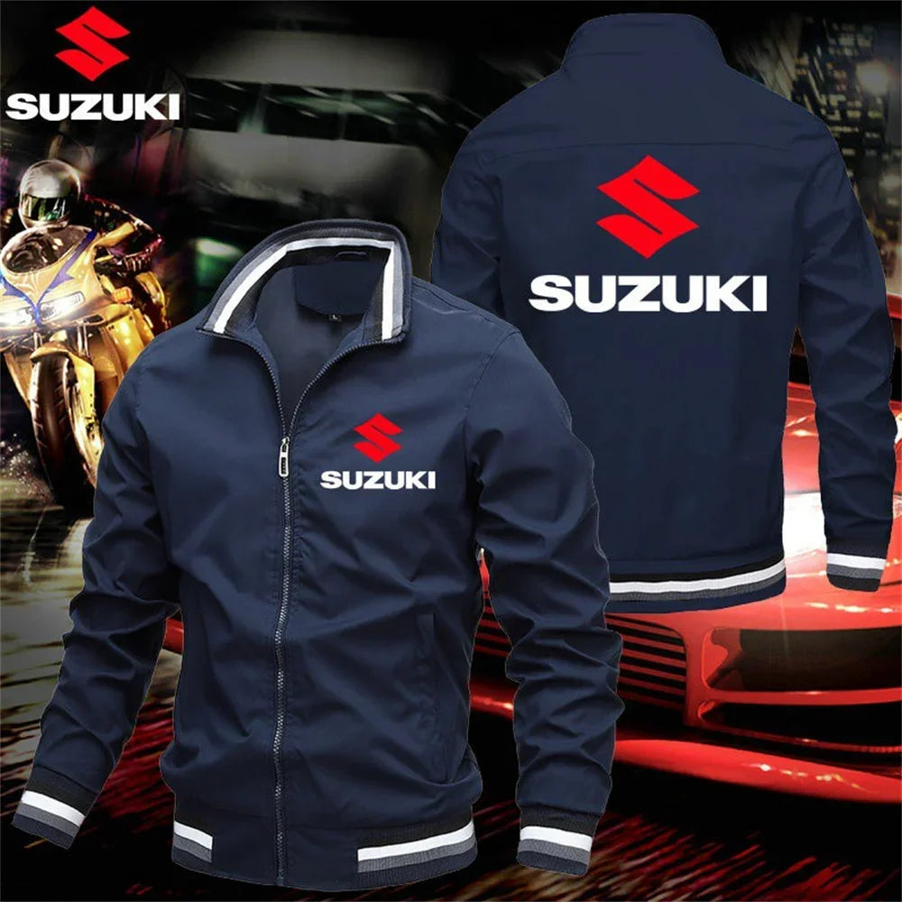 Suzuki Motorcycle Team Replica Stand Collar Jacket, Men's Outdoor Riding Casual Top, Trendy Printed Windproof Coat