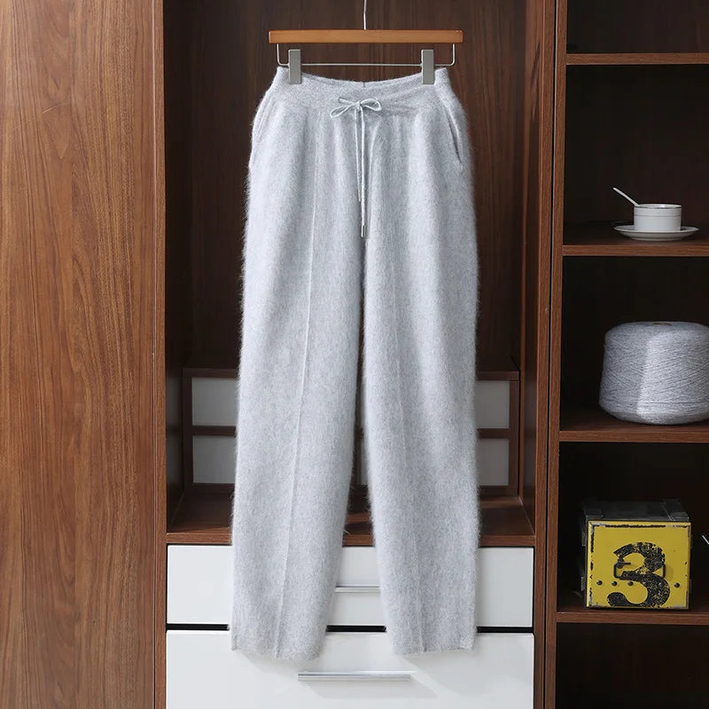 Autumn Winter 100% Mink Cashmere Men's  Pants Thickened Knitted Long Pants Slim Fitting Solid Color Warm Flat Corner Pants