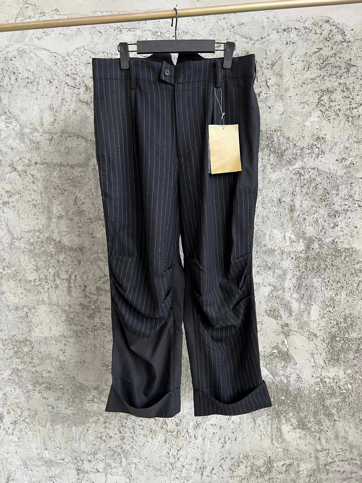 TOP-YAMAMOTO striped casual patchwork design trousers, straight-leg long pants, with buttoned-up adjustable rolled-up legs