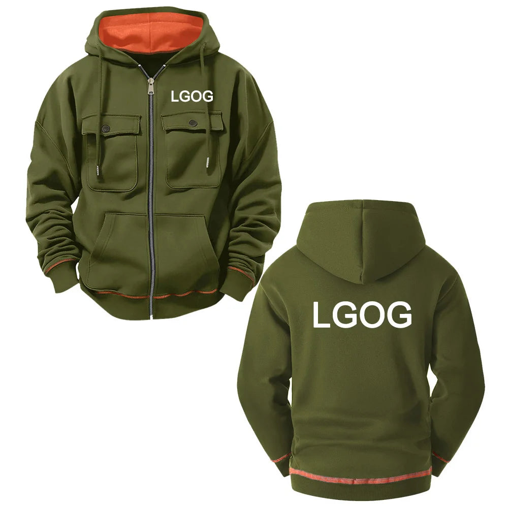 Customizable Men's Zipper Hoodie Multiple Pockets Personalized Logo Design Fashionable Streetwear Spring Autumn Sportswear