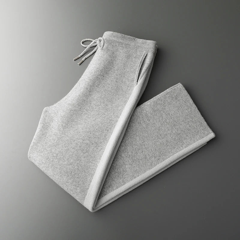 Autumn Winter New 100% Merino Wool Pants Men's High Waist Wide Leg Pants Thickened Jacquard Contrast Pants Casual Knitted Pants