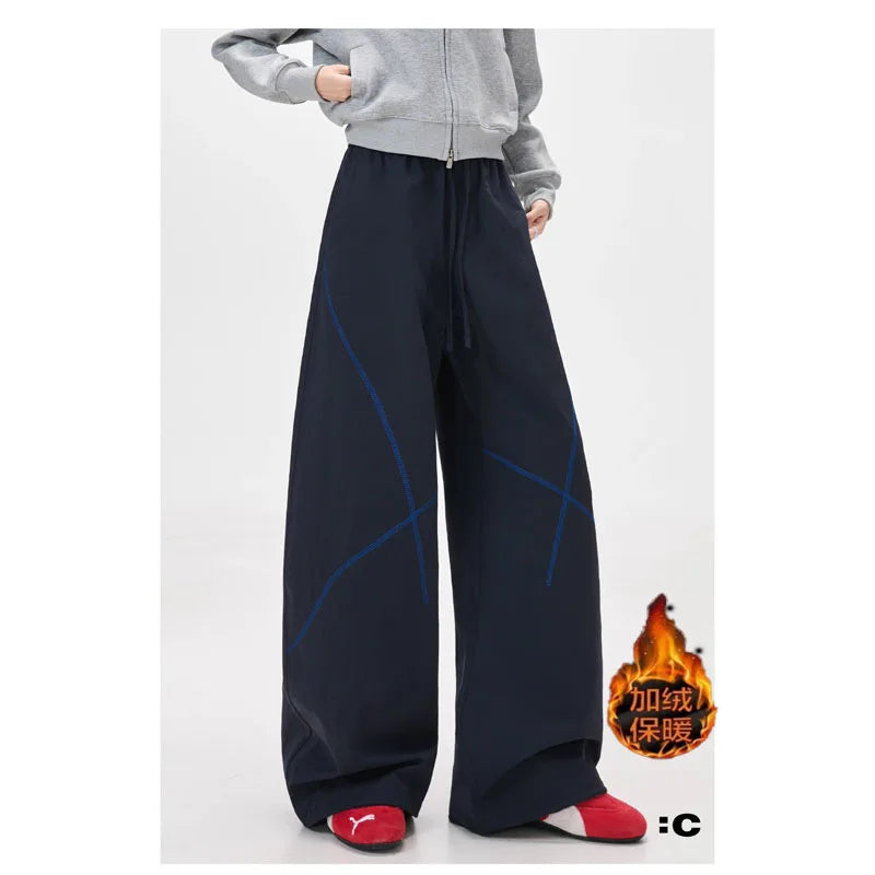 American High Street Thickened Fleece Lined Straight Leg Sporty Casual Pants Autumn Winter Unisex Wide Leg Pants