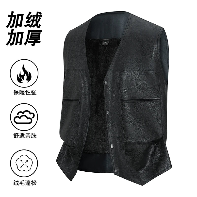 Popular Middle-aged and Elderly Men's Fur Vest Autumn Winter Warm Fashionable Men's Jacket Multi Pocket Sleeveless Leather Vest